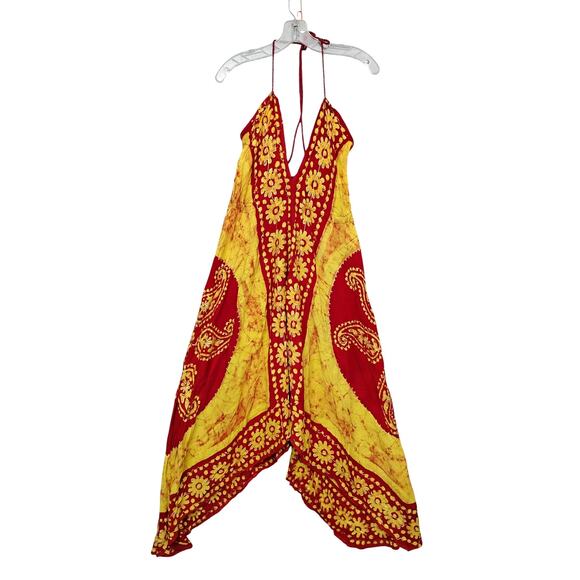 Bohemian Ethnic Inspired Maxi Dress One Size Yellow and Red Halter Low Back - Picture 10 of 12